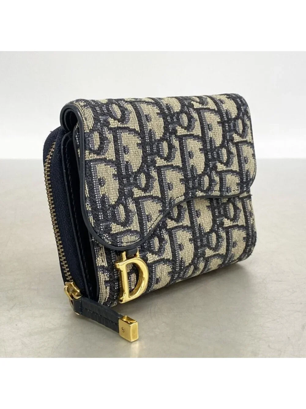 Dior Trifold Wallet Oblique Saddle Canvas Navy Gold